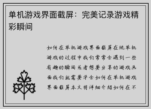 单机游戏界面截屏：完美记录游戏精彩瞬间